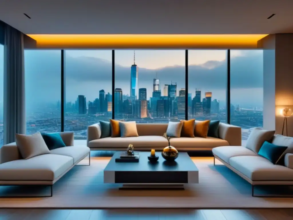 Sala de estar de lujo en propiedad exclusiva con vista a la ciudad Salón de lujo en propiedad exclusiva, muebles elegantes, decoración exquisita, ventanales con vista a la ciudad