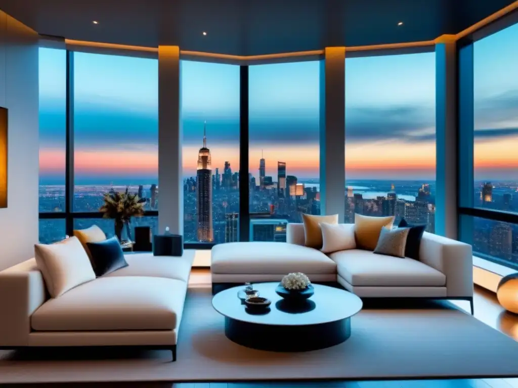 Salón de lujo contemporáneo con vista urbana impresionante Salón de lujo en propiedad exclusiva, mobiliario contemporáneo, ventanales con vistas urbanas
