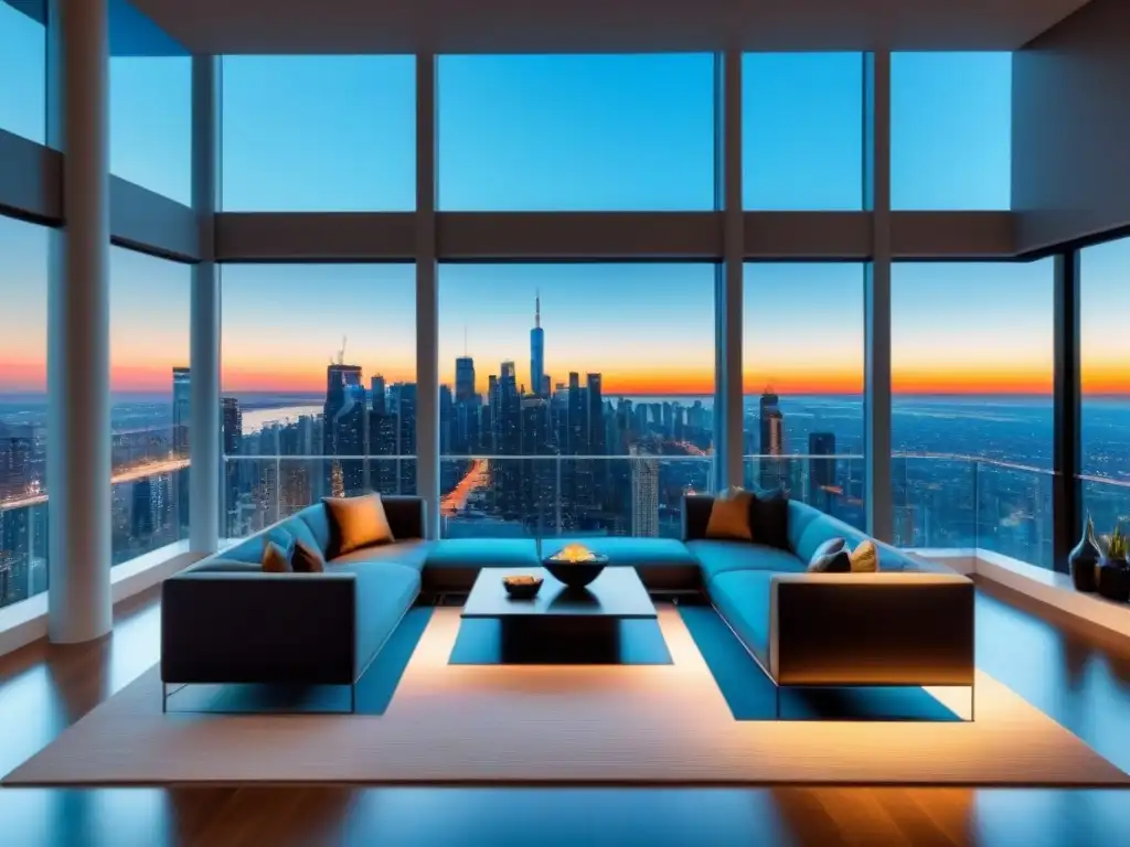Salón de lujo moderno en propiedad exclusiva con vista urbana impresionante Salón de lujo en propiedad inmobiliaria exclusiva, con mobiliario contemporáneo y vista a la ciudad