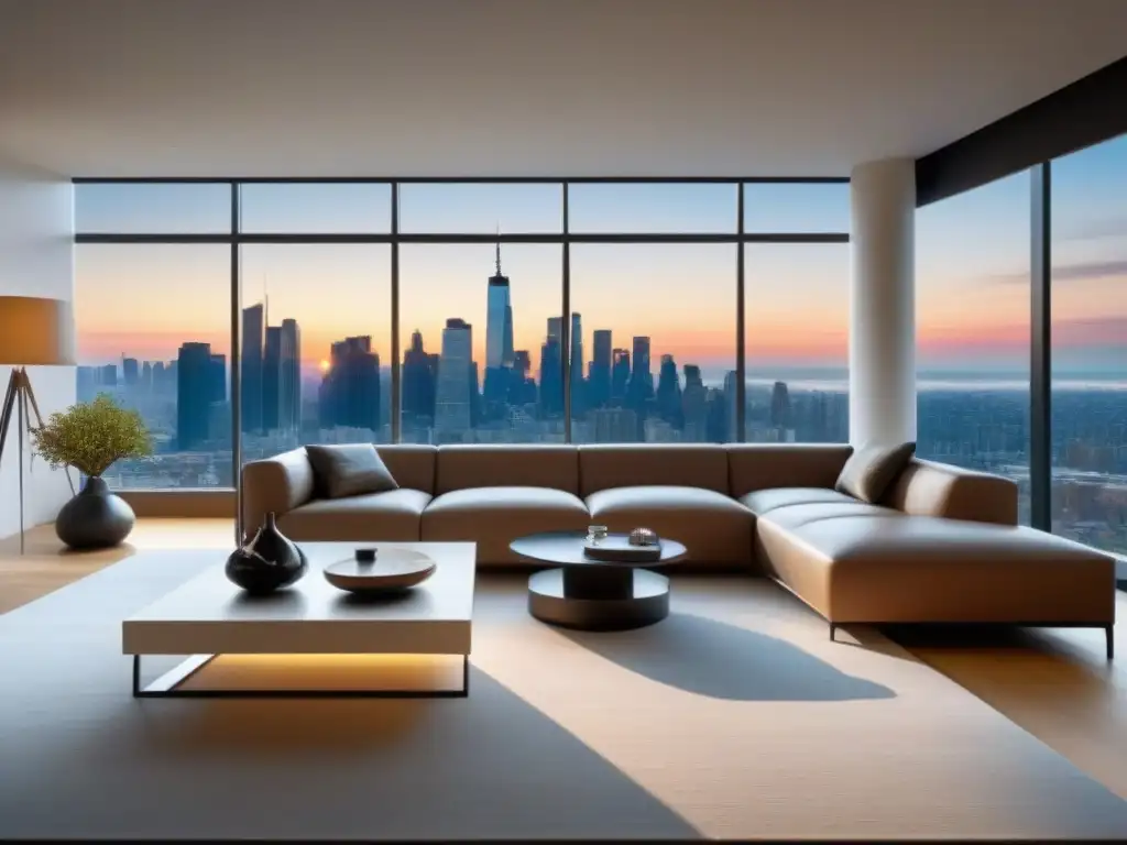 Salón moderno y lujoso en propiedad remozada con vista urbana Salón de lujo en propiedad rematada, con muebles modernos, arte contemporáneo y vista a la ciudad