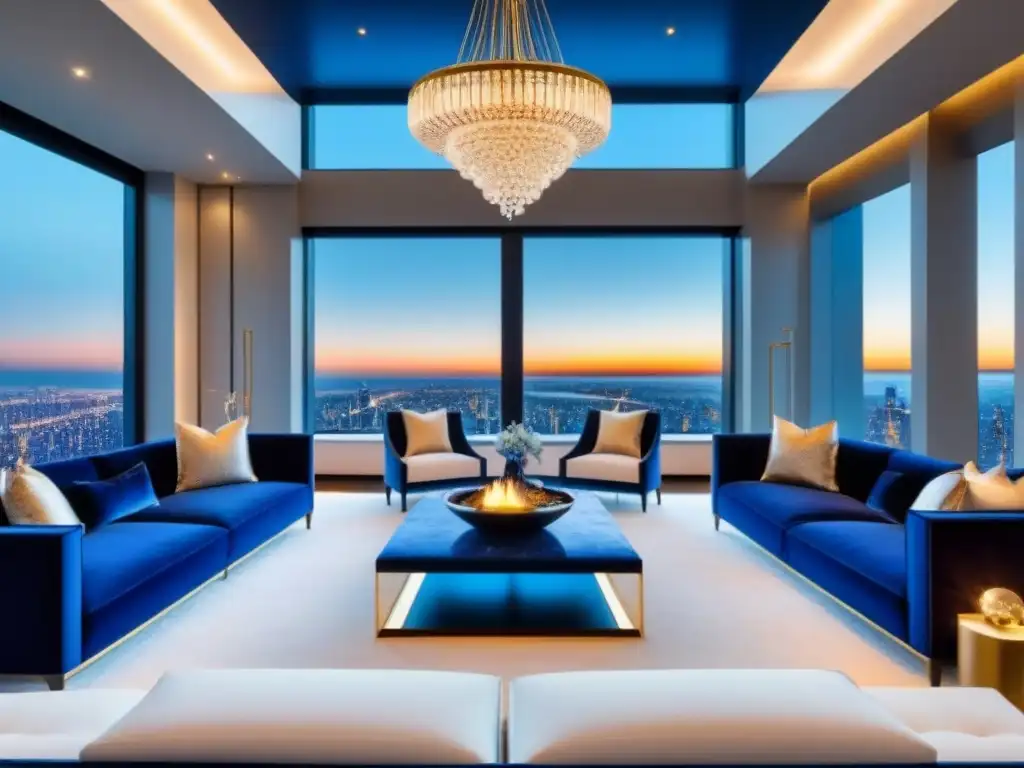 Salón de lujo con vistas urbanas y mobiliario elegante Salón de lujo con vista a la ciudad y elegante mobiliario diseñador en blanco, dorado y azul profundo
