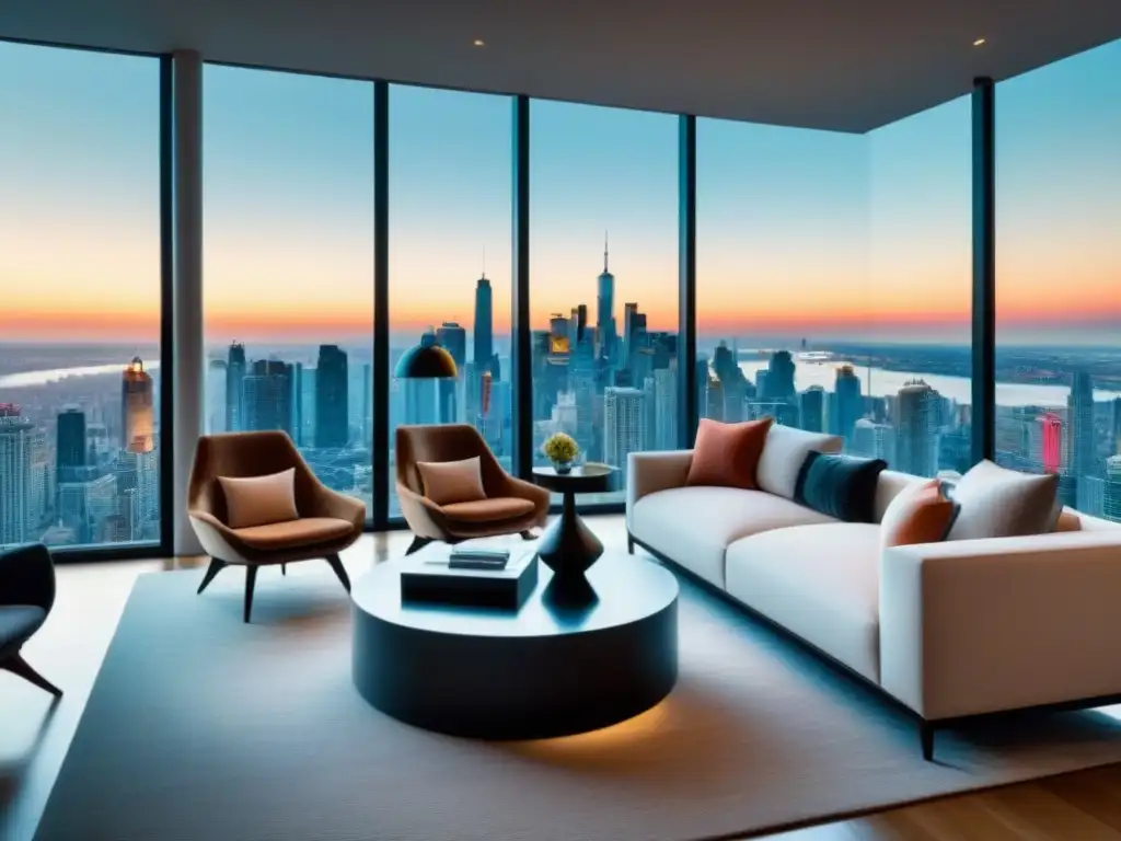 Salón de lujo con vista a la ciudad, mobiliario contemporáneo y decoración elegante