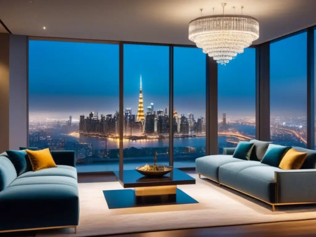 Salón de lujo con vista nocturna de la ciudad Salón de lujo con vista nocturna a la ciudad, muebles elegantes y cálido resplandor de luces urbanas