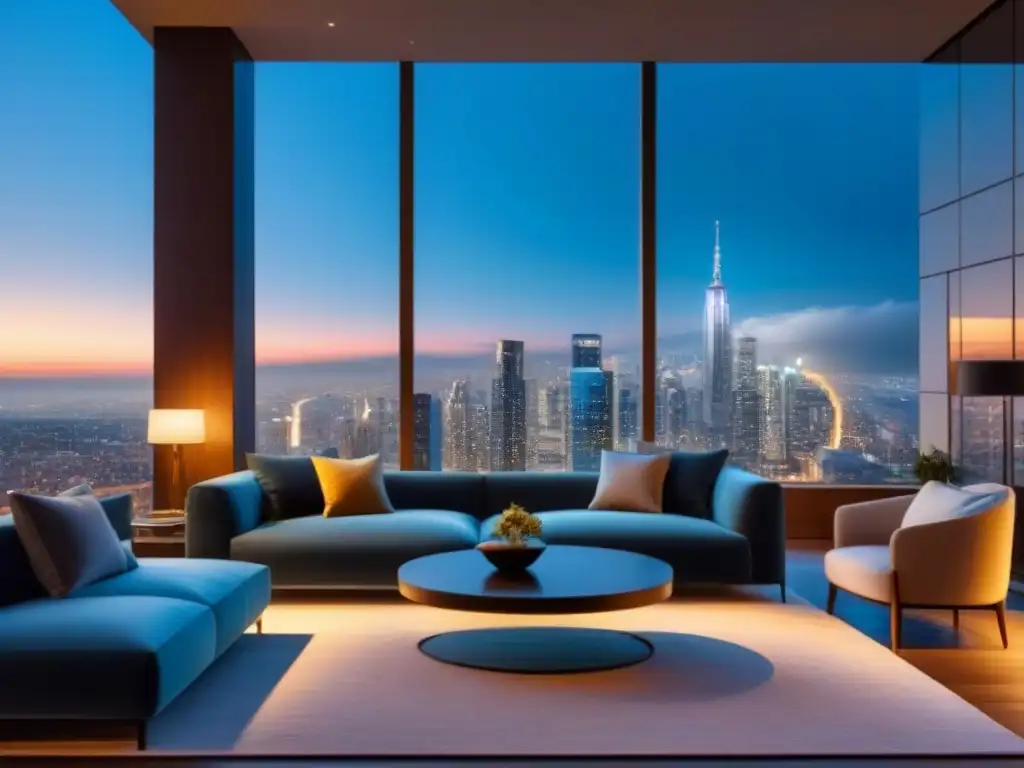 Salón moderno de lujo con vista nocturna a la ciudad Salón lujoso y moderno con diseño contemporáneo y vista nocturna de la ciudad