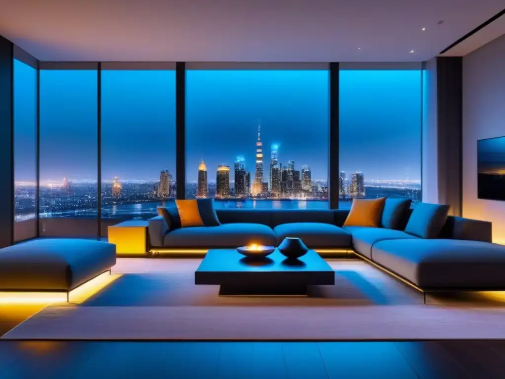 Salón de lujo en casa inteligente: diseño futurista y tecnología integrada Un salón lujoso y moderno en un hogar inteligente con tecnología integrada, asistente de voz y diseño contemporáneo
