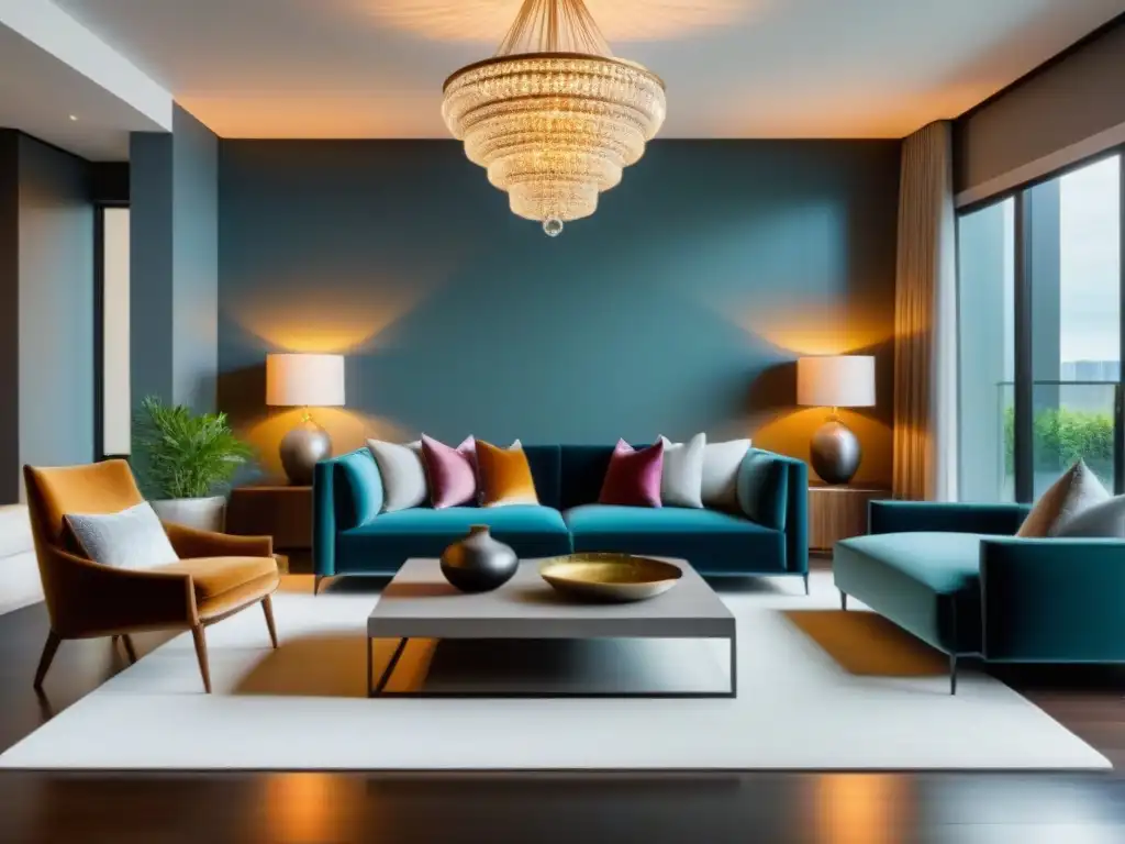 Sala de estar de lujo: elegancia moderna y sofisticada Un salón lujoso y moderno en una propiedad de alta gama, con muebles elegantes, decoración refinada y luz natural