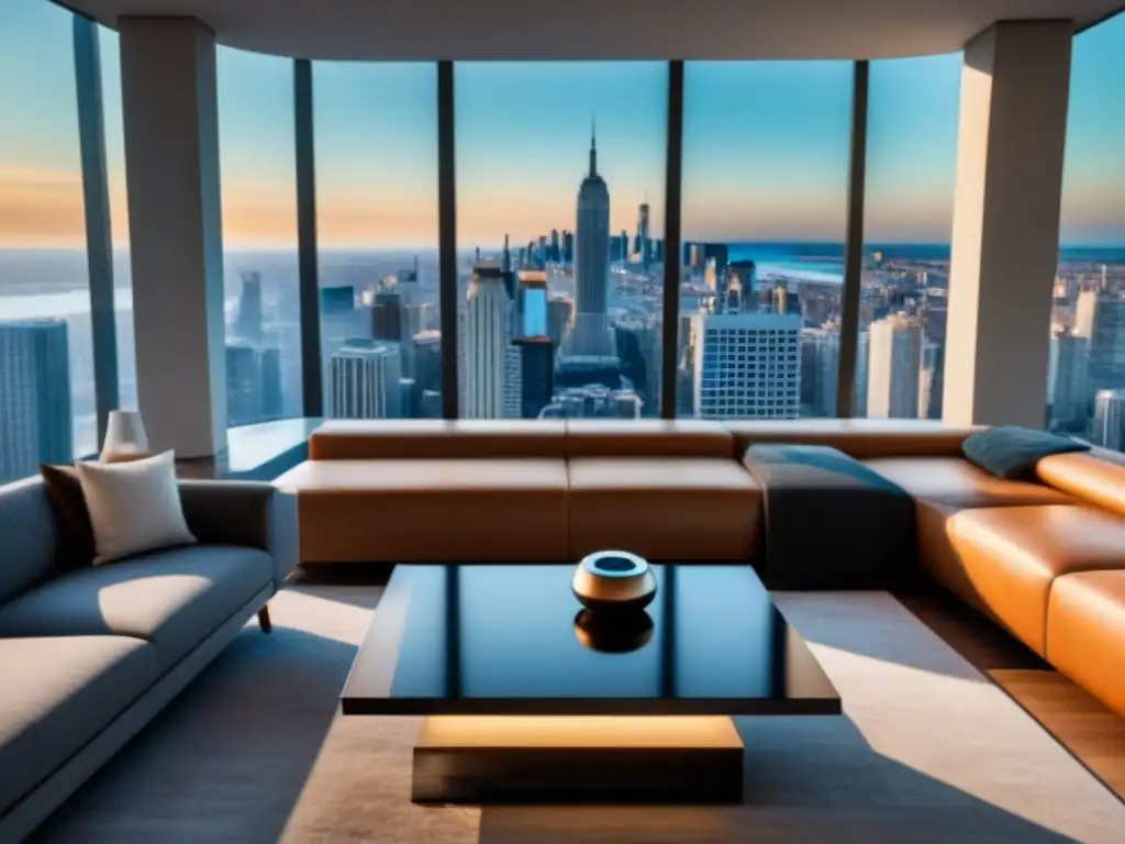 Salón de lujo con realidad virtual en apartamento moderno Salón lujoso en un rascacielos con vista urbana, muebles modernos y un visor de realidad virtual en la mesa de café