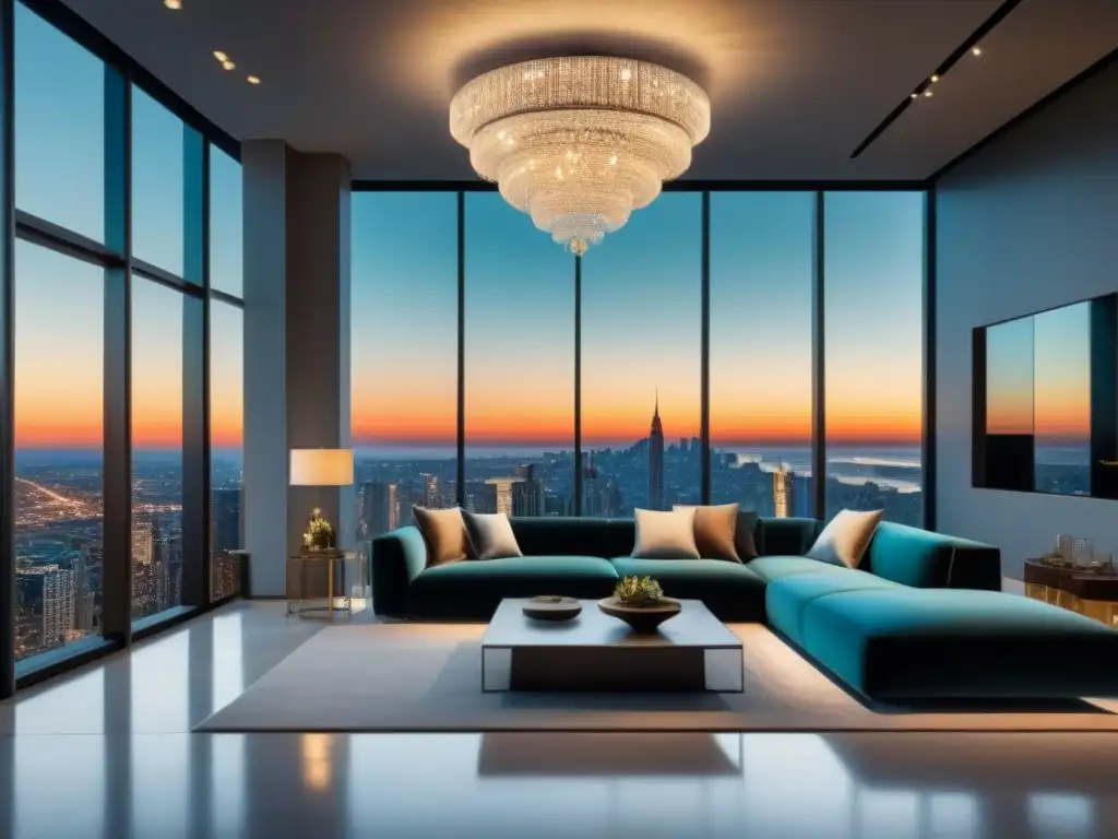 Salón de lujo moderno con vista urbana al atardecer Salón de diseño a medida lujo moderno con mobiliario elegante, paleta de colores minimalista y vista urbana al atardecer