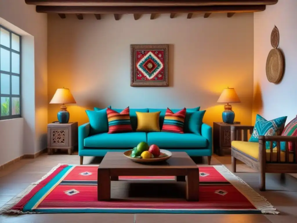 Salón mexicano: diseño contemporáneo con toques tradicionales Salón mexicano con decoración moderna y textiles vibrantes, reflejando técnicas de home staging en México