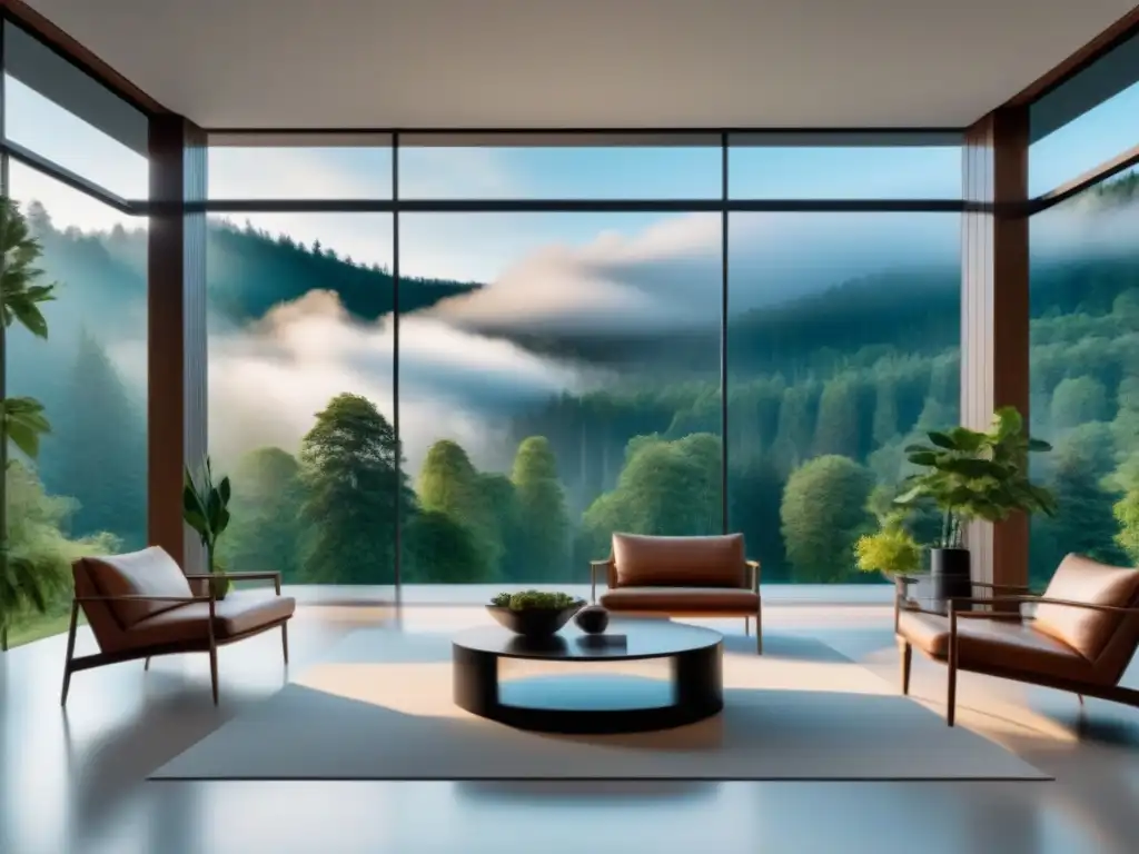 Salón minimalista con vista a bosque: luminoso y elegante Salón minimalista con ventanas piso techo en casa contemporánea, vista a bosque verde, muebles neutros y luz natural