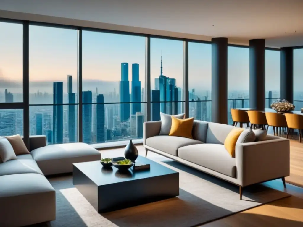 Sala de estar de lujo en la ciudad: sofisticación y calidez Un salón moderno en un apartamento de lujo con vista a la ciudad, decorado con elegancia y liquidez en inversión inmobiliaria