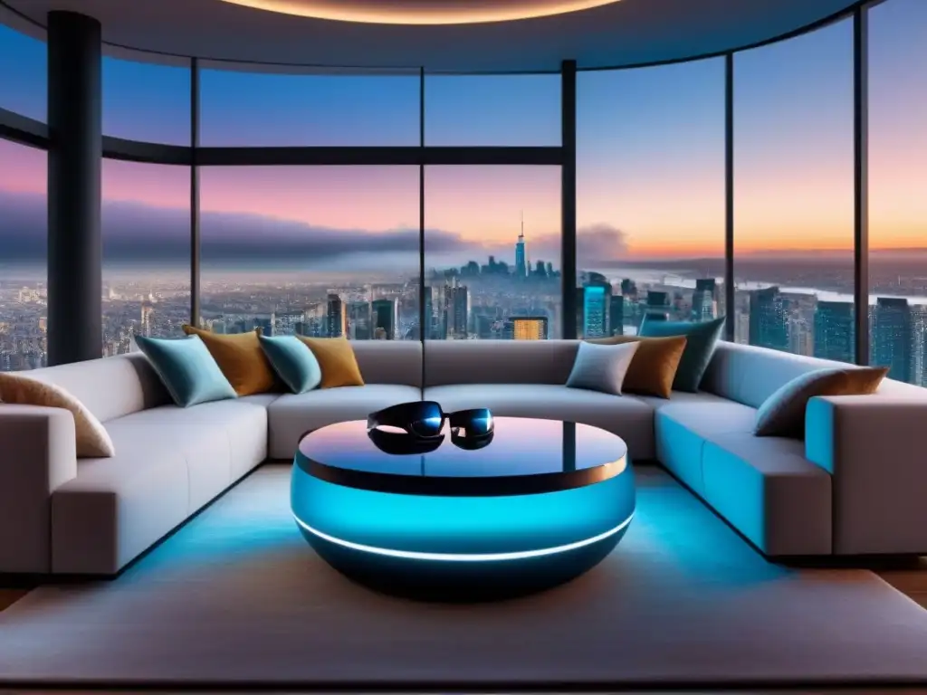 Salón de lujo con realidad virtual: innovación y sofisticación Salón moderno con auriculares VR futuristas sobre mesa de cristal, vista panorámica urbana al anochecer