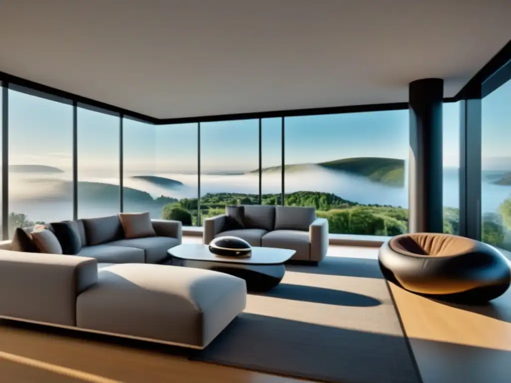 Realidad virtual inmersiva en sala de estar moderna Salón moderno con cascos de realidad virtual en mesa elegante