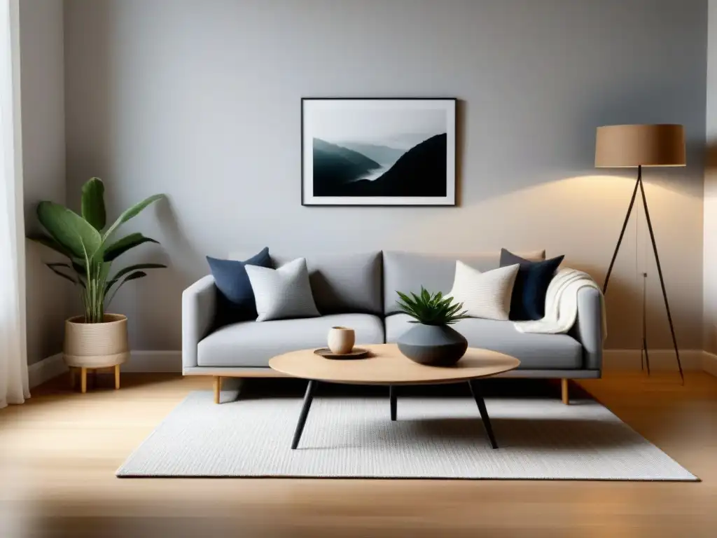 Sala minimalista escandinava: funcionalidad y tranquilidad Un salón moderno y elegante con diseño escandinavo, muebles minimalistas y una paleta de colores neutros