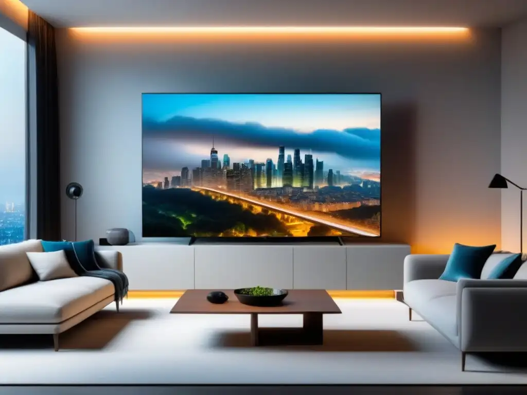 Hogar inteligente con diseño minimalista y tecnología de vanguardia Un salón moderno y elegante con tecnología smart homes integrada, mostrando un diseño interior innovador