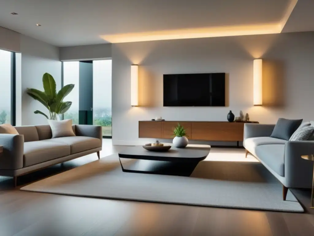 Diseño de sala moderna y segura: integración de tecnología para el hogar Un salón moderno con elementos de seguridad integrados, destacando mejoras en hogar y seguro