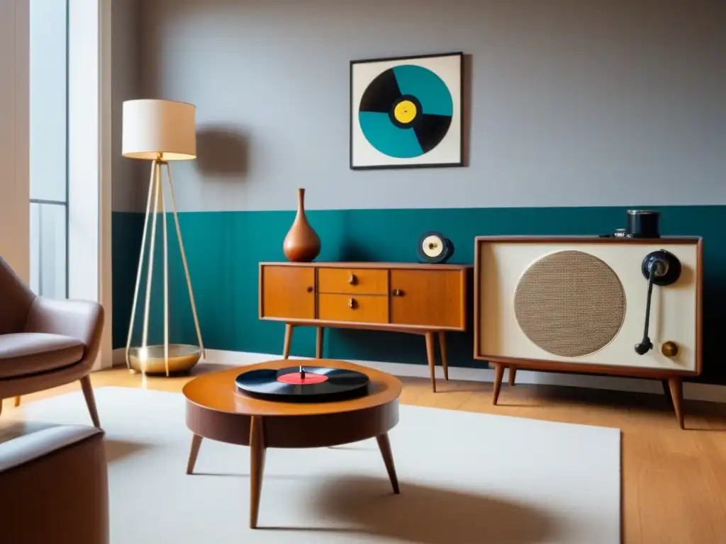 Sala moderna con toques vintage: estilo contemporáneo nostálgico Un salón moderno con elementos vintage influyentes: mezcla perfecta de diseño contemporáneo y toques retro, bañado en luz natural