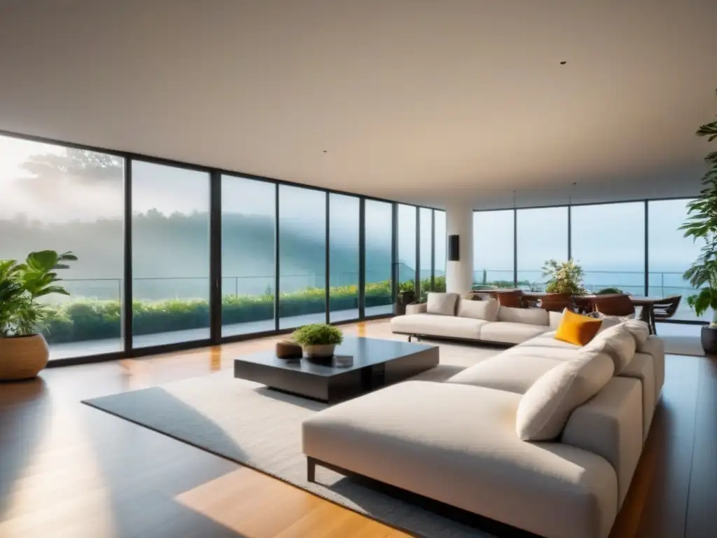 Diseño sostenible y acogedor en sala moderna Un salón moderno y espacioso con diseño sustentable, luz natural maximizada y ambiente cálido y acogedor