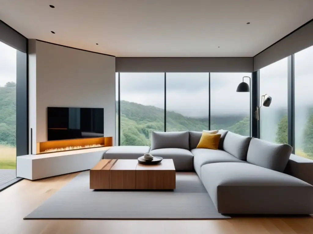 Salón moderno multifuncional con tecnología inteligente Un salón moderno y espacioso con diseño multifuncional, luz natural y arte contemporáneo