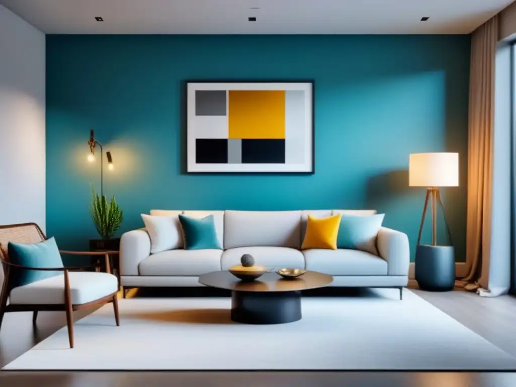Salón moderno de lujo: elegancia y sofisticación asequible Salón moderno de lujo accesible con mobiliario minimalista, iluminación ambiental y arte vibrante en la pared