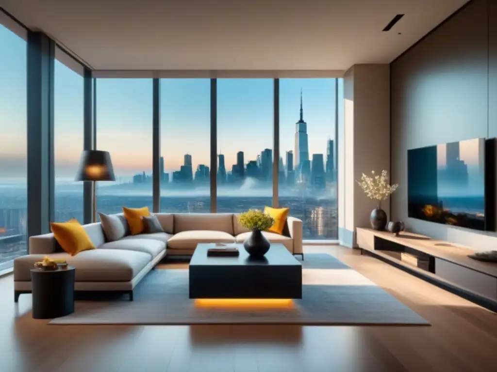 Sala de estar moderna y lujosa en apartamento urbano de lujo Salón moderno de lujo en un apartamento urbano de alta gama con mobiliario elegante y ventanales de piso a techo