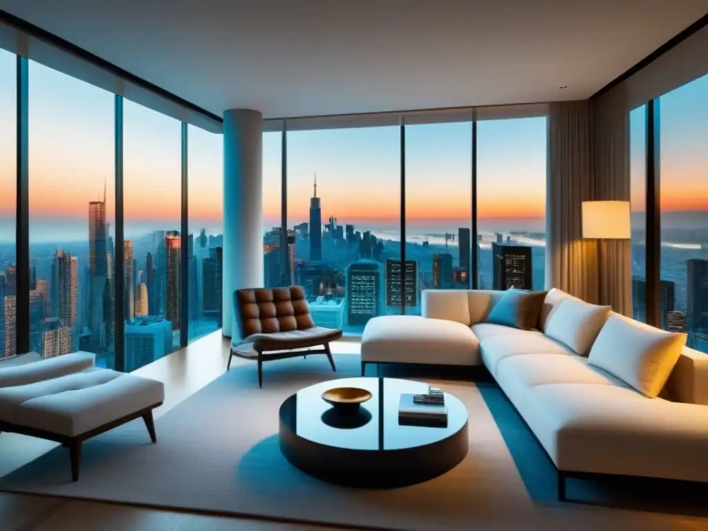 Sofisticado salón urbano con vista a la ciudad Salón moderno de lujo en apartamento con vista a ciudad, muebles elegantes y arte contemporáneo, cortinas ondeando