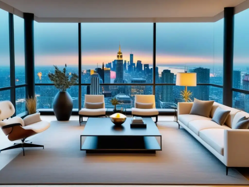 Sofisticado salón moderno con vista a la ciudad Salón moderno de lujo en un apartamento con vistas a la ciudad, elegante y luminoso