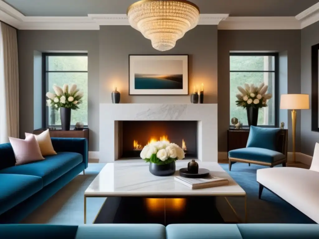 Suntuoso salón moderno con elegante decoración y chimenea de mármol Un salón moderno de lujo con decoración elegante, chimenea de mármol, sofás de terciopelo y arte contemporáneo en las paredes