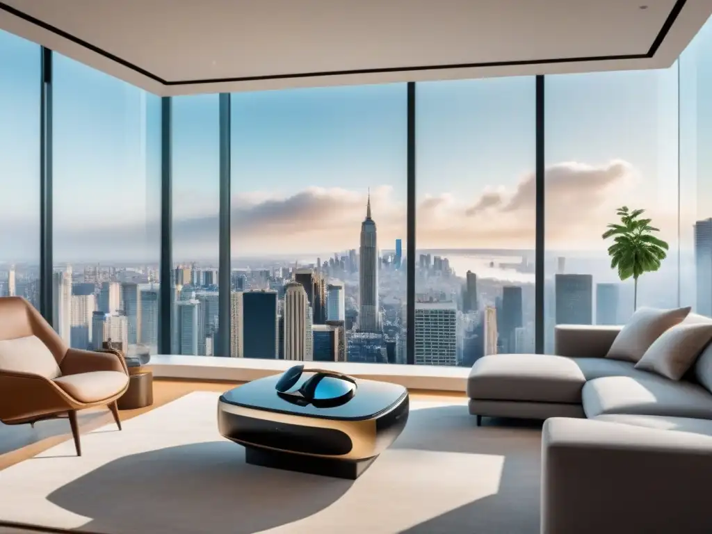 Sala de estar moderna con VR y vistas a la ciudad Un salón moderno de lujo con muebles elegantes y auriculares de realidad virtual en una mesa de cristal, con vista a la ciudad