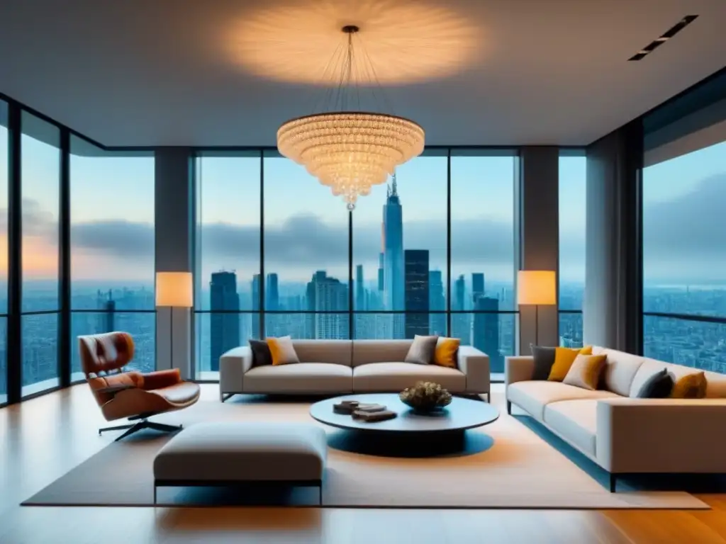 Salón moderno de lujo en propiedad embargada con vistas panorámicas Salón moderno de lujo en una propiedad rematada con muebles minimalistas y vista a la ciudad