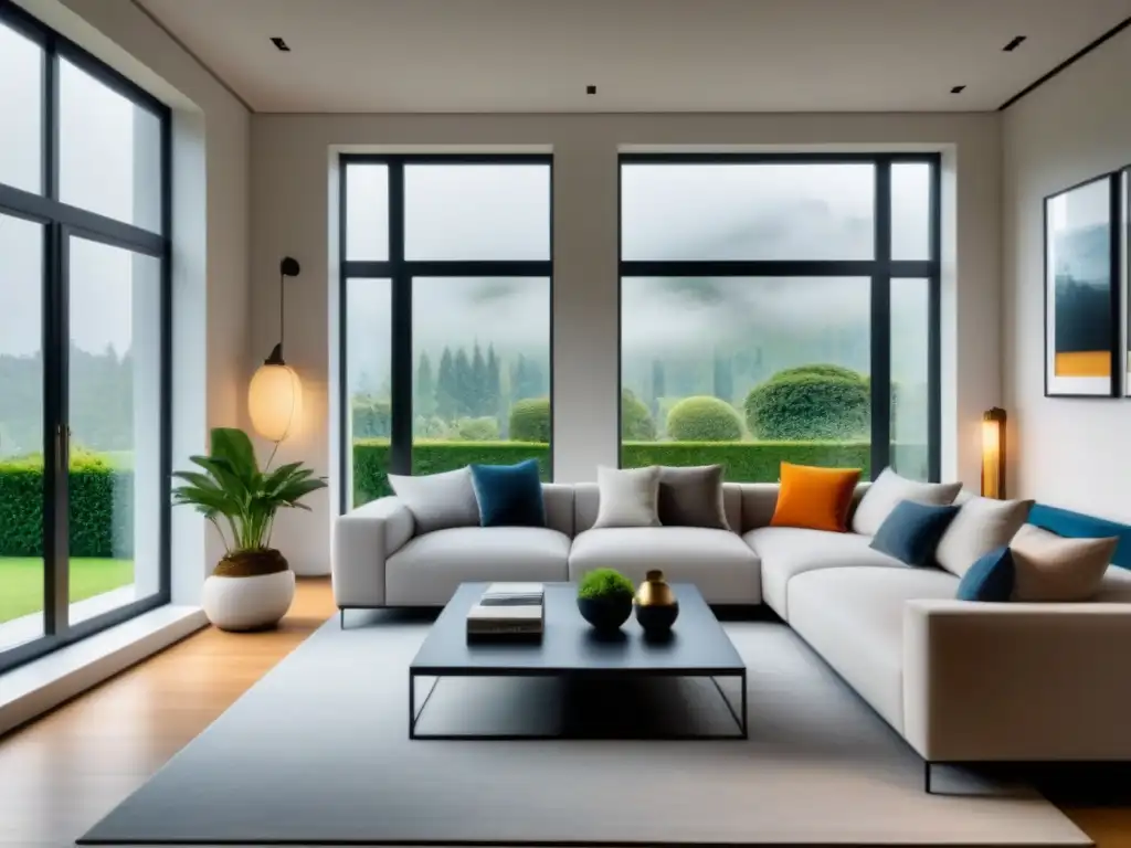 Sala de estar de lujo en propiedad restaurada con jardín exuberante Salón moderno de lujo en propiedad restaurada, con mobiliario elegante y vista a jardín exuberante