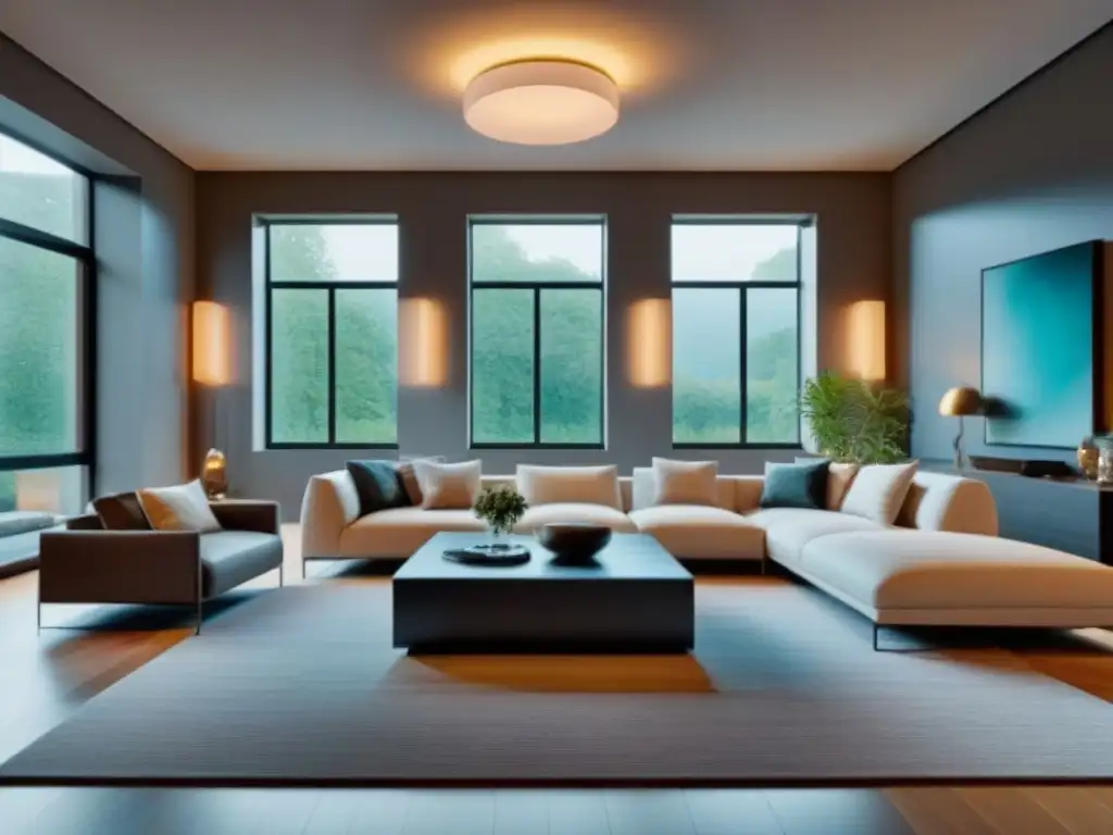 Salón de lujo moderno con tecnología AI y diseño contemporáneo Salón moderno de lujo en propiedad renovada con tecnología AI, muebles elegantes y luz natural