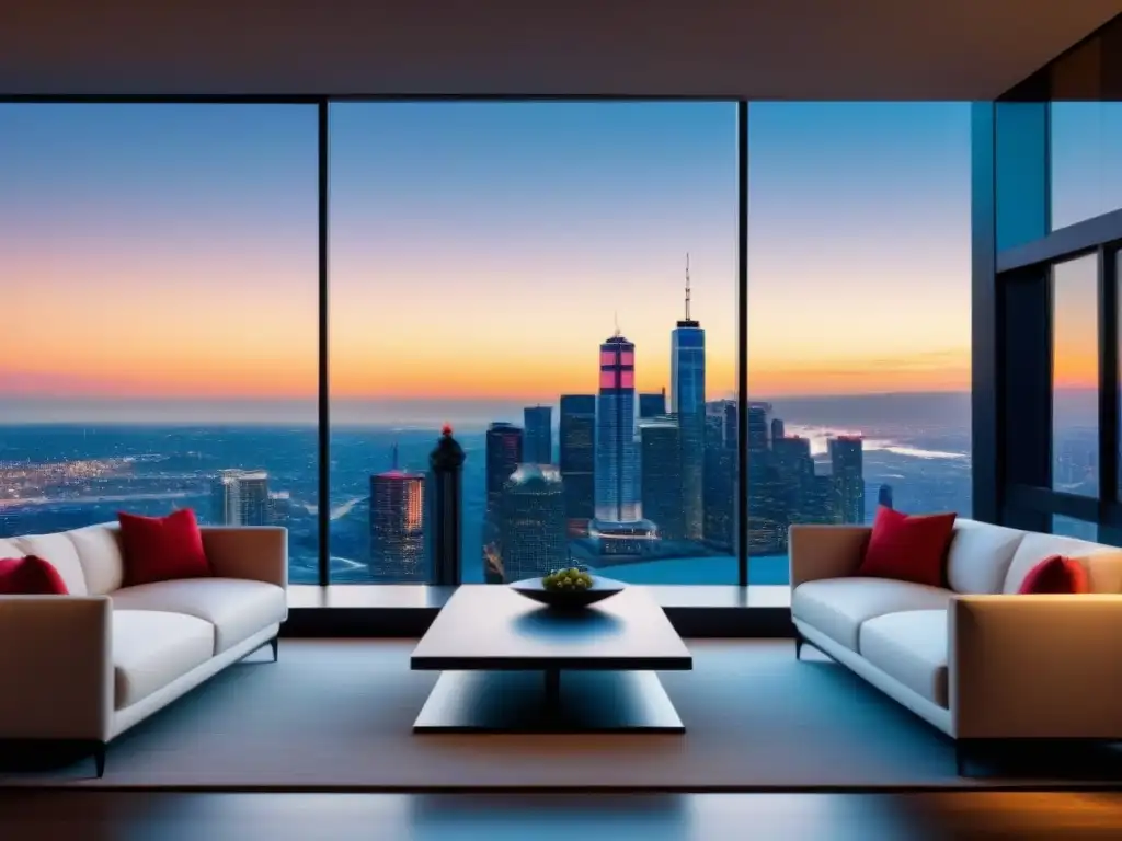 Salón de lujo en torre: exitosas estrategias inmobiliarias Salón moderno de lujo en rascacielos con vista panorámica a la ciudad al atardecer
