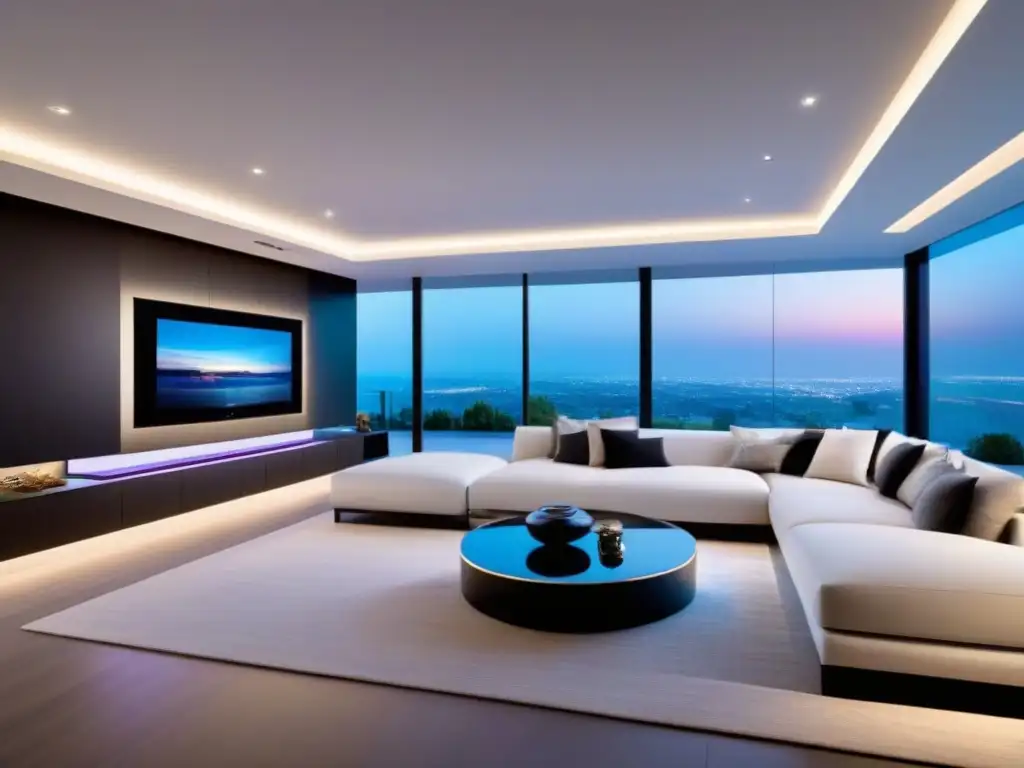 Salón de lujo con tecnología inteligente y diseño vanguardista Salón moderno de lujo con tecnologías inteligentes en diseño inmobiliario