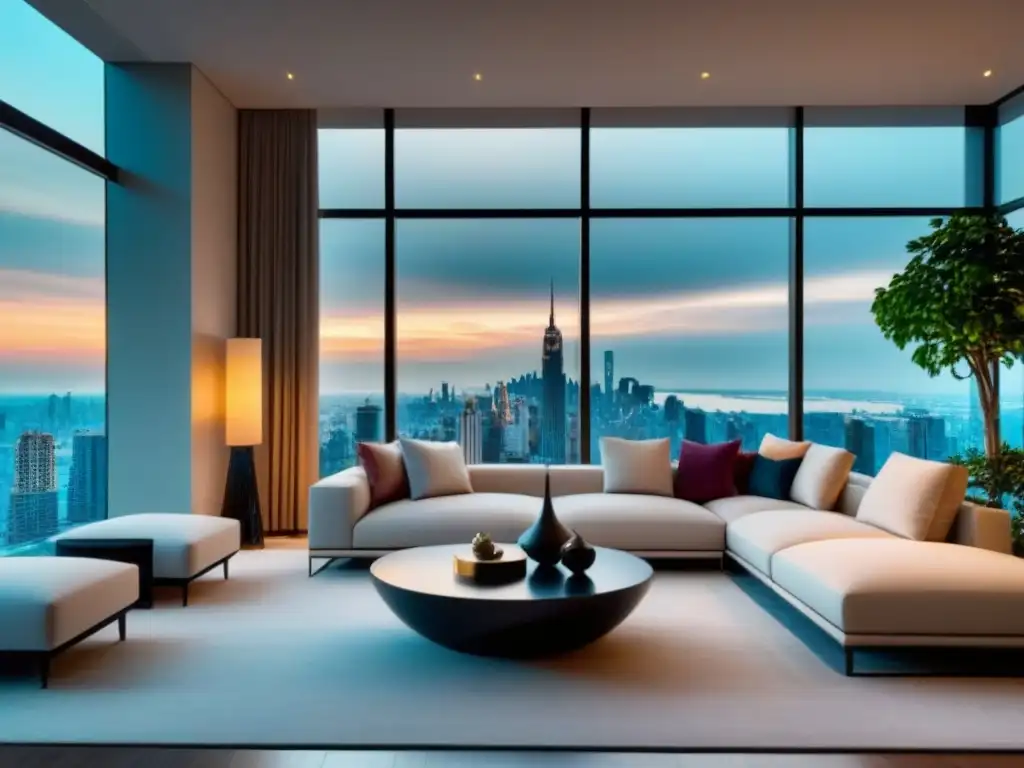 Sala de estar moderna de lujo con vistas a la ciudad Salón moderno de lujo con ventanales, vista a la ciudad y decoración elegante