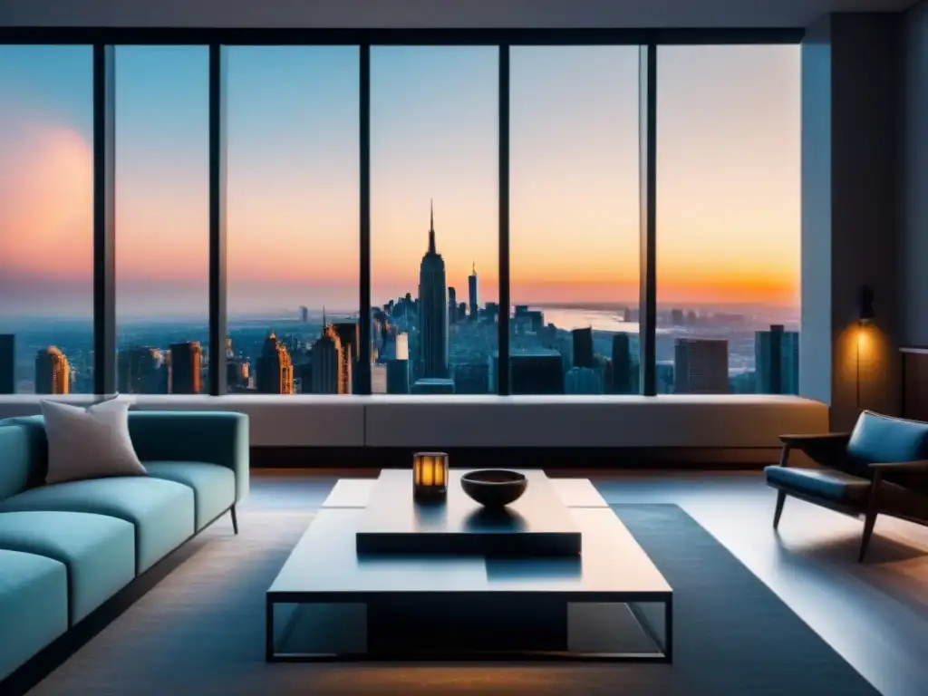 Sofisticada sala de estar con vista a la ciudad y diseño elegante Salón moderno de lujo con vista a la ciudad, diseño elegante, sofá cómodo, cuadros contemporáneos y mesa de café de mármol