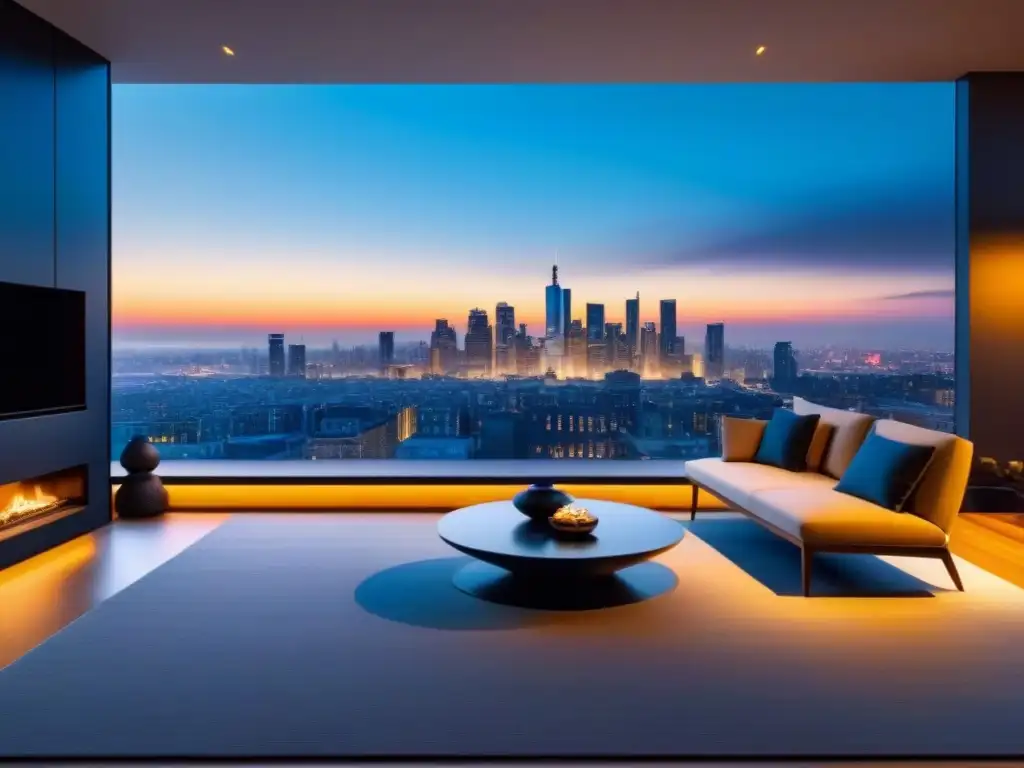 Sofisticada sala de estar moderna con vista urbana al atardecer Salón moderno de lujo con vista a la ciudad al atardecer y chimenea contemporánea
