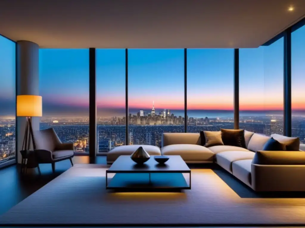 Salón moderno de lujo con vistas nocturnas de la ciudad Salón moderno de lujo con vista nocturna de la ciudad