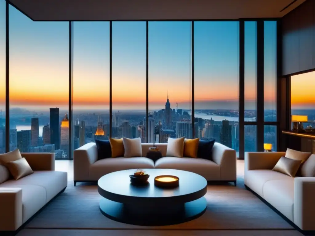 Salón de lujo con vistas urbanas al atardecer Salón moderno de lujo con vista urbana al atardecer, muebles contemporáneos y arte elegante