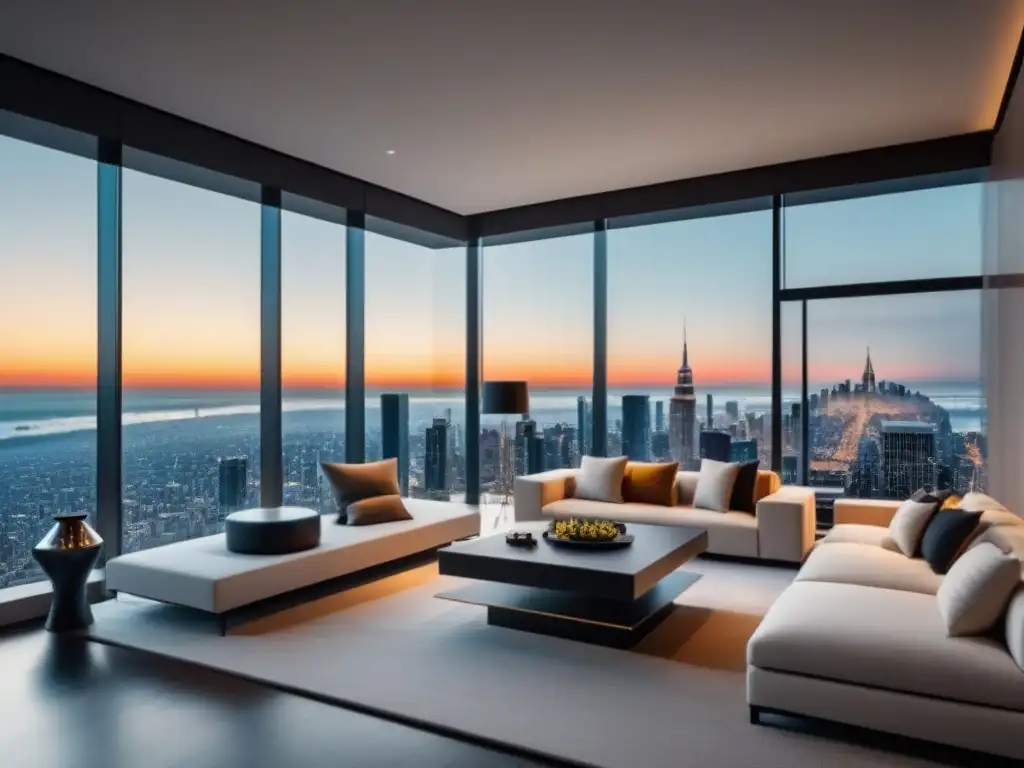 Salón de lujo con tecnología VR y vista urbana Un salón moderno de lujo con vista a la ciudad, headset de realidad virtual en mesa de diseño