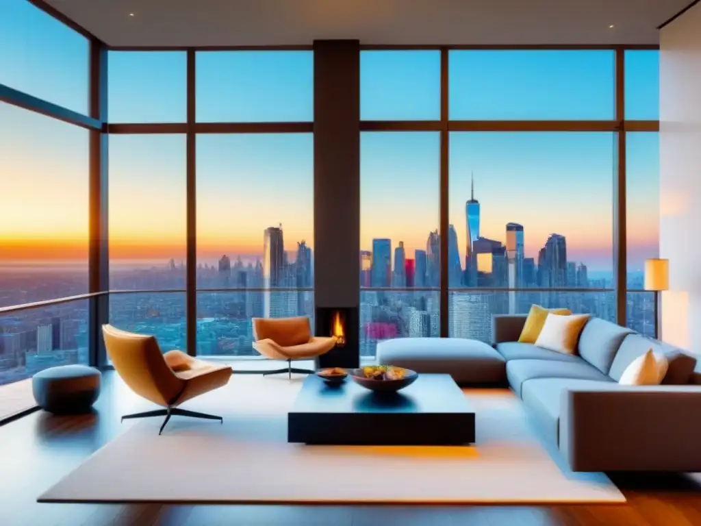 Salón moderno de lujo con vista panorámica a la ciudad Salón moderno de lujo con vista panorámica de ciudad, elegante mobiliario contemporáneo