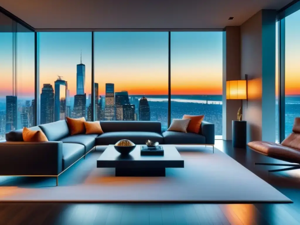 Salón moderno de lujo con vista panorámica a la ciudad Un salón moderno de lujo con vista impresionante a la ciudad