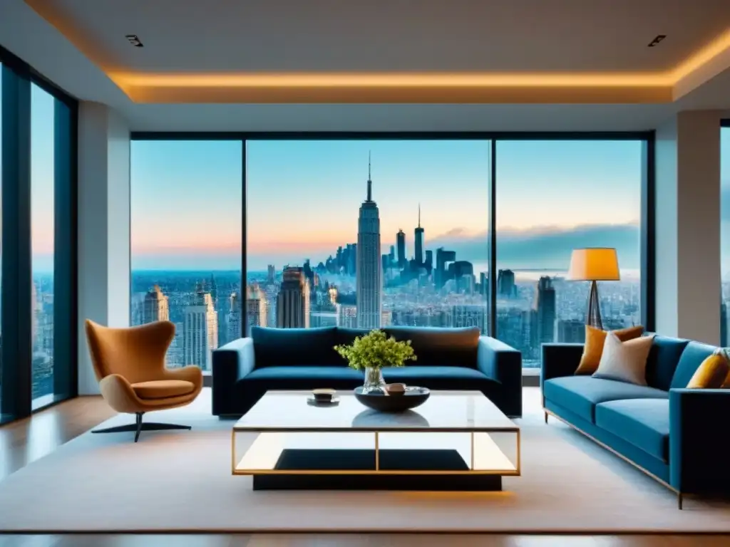 Sala de estar moderna de lujo con vista panorámica a la ciudad Salón moderno de lujo con vista a la ciudad, muebles elegantes y mesa de mármol
