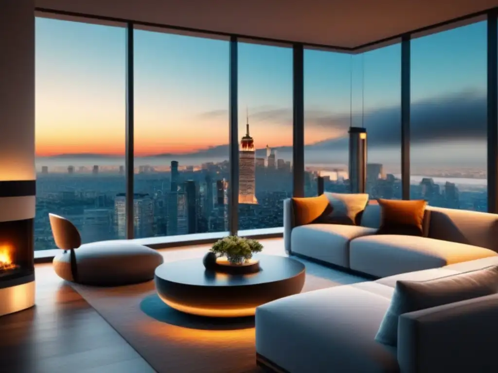 Sala de estar de lujo con vista a la ciudad Salón moderno de lujo con vista panorámica a la ciudad y una elegante chimenea, ideal para comparativa hipotecas tasa ajustable