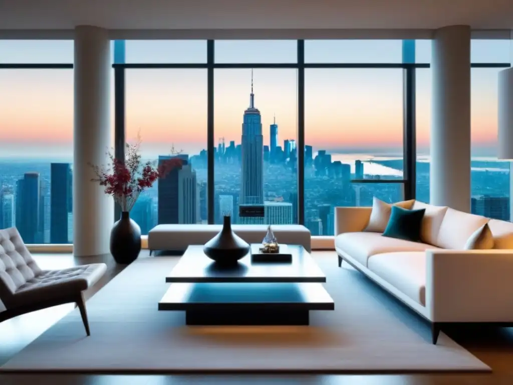 Salón de lujo con vistas a la ciudad: moderno y elegante Salón moderno de lujo con vista urbana impresionante