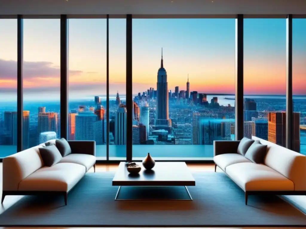 Sala de estar moderna de lujo con vista urbana: elegancia y sofisticación Salón moderno de lujo con vista urbana, muebles contemporáneos en tonos neutros y arte abstracto vibrante en las paredes