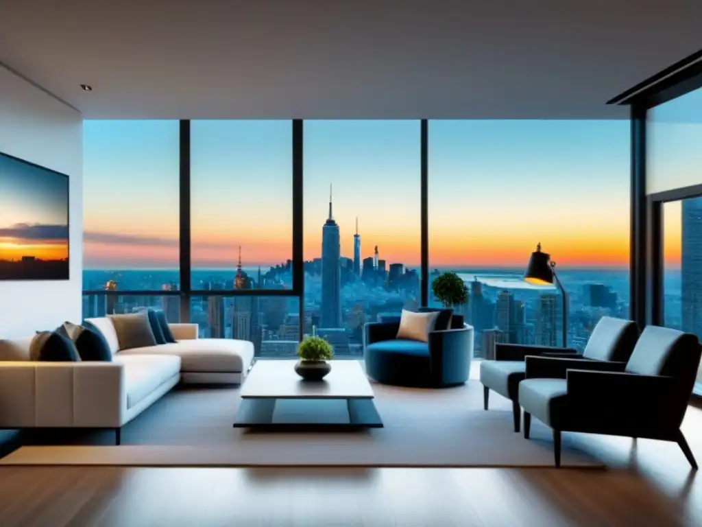 Salón moderno de lujo con vistas urbanas impresionantes Salón moderno de lujo con vistas a la ciudad, diseño minimalista y toques de naturaleza