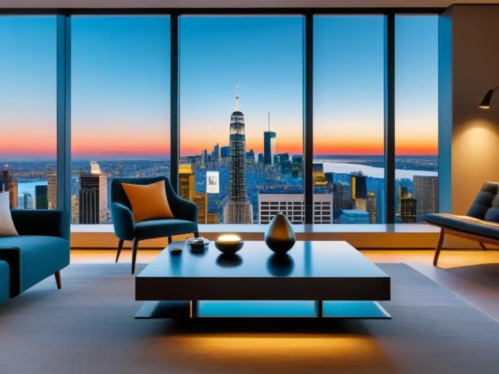 Sala de estar de lujo con AR glasses y vista urbana al atardecer Un salón moderno de lujo con vistas a la ciudad al atardecer y gafas de AR en la mesa