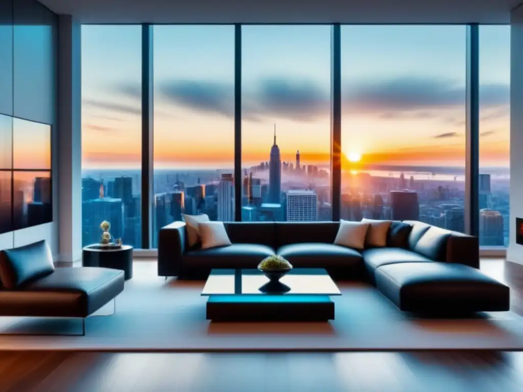 Salón de lujo con vista panorámica de la ciudad y realidad virtual Salón moderno de lujo con vistas a la ciudad y auriculares de realidad virtual