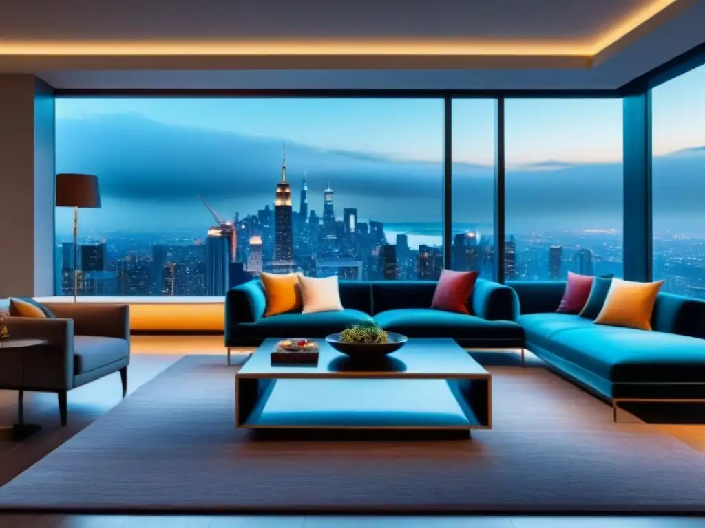 Sala de estar de lujo con vista nocturna a la ciudad Salón moderno de lujo con vistas a la ciudad de noche